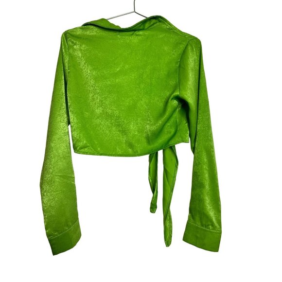 Peppermayo Shirt Womens 4 Green Velour Long Sleeve Tie Front Collared Casual Cro - Picture 5 of 6
